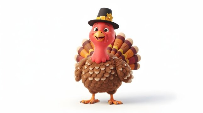 A cute cartoon turkey wearing a pilgrim hat, isolated on white background