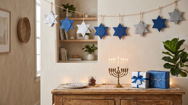 Star garland and menorah on a wooden table for Hanukkah celebration