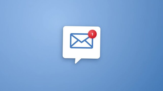 3d render of a notification speech bubble icon with an envelope symbol and a red alert badge with the number one on a blue background