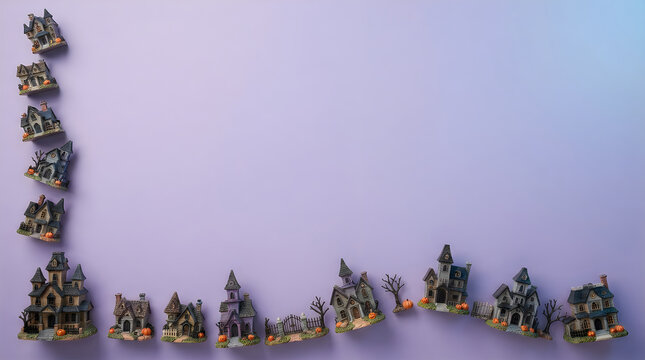 A collection of miniature vintage style houses arranged in an l shape border on a soft purple background