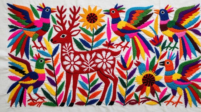 Vivid Otomi embroidery features red deer, colorful birds amid floral motifs. Mexican folk art detailed needlework on white fabric, celebrating nature, culture. Beautiful textile art.