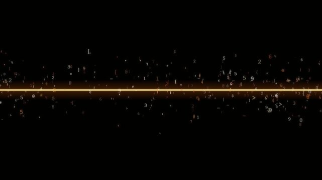 Abstract digital background with glowing horizontal light line and floating numbers and symbols