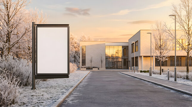 Blank vertical billboard mockup in winter park near modern office building at sunset
