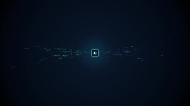 Abstract digital background with glowing lines and particles emanating from a central ai icon representing artificial intelligence