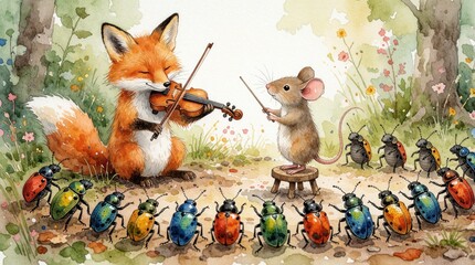Fototapeta premium Whimsical watercolor illustration of fox playing violin in forest meadow. Small mouse stands on stool conducting tiny beetle orchestra. Colorful insects listen to musical performance among