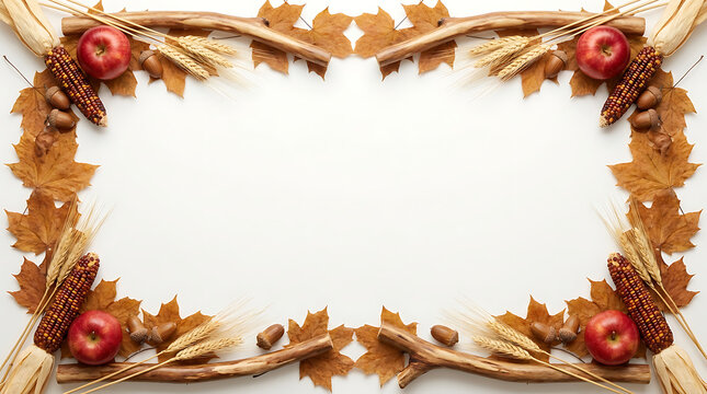 Thanksgiving border frame made of dried maple leaves, red apples, wheat stalks, corn cobs, and acorns arranged on a plain white background, with a large, central copy space, for seasonal text display