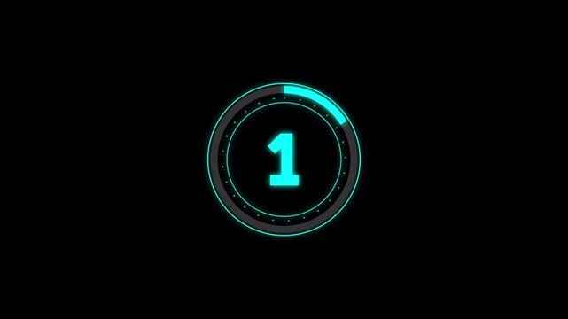 Digital circle countdown hud timer 5 seconds animation from 5 to 0 seconds on black background. 4k video