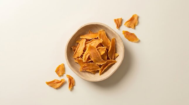 A small bowl filled with sweet organic dried mango slices for a healthy snack on a plain surface. dried mango flakes