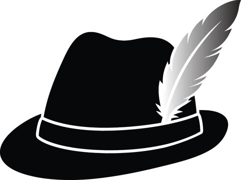 Black fedora hat with a white feather accessory icon for fashion and traditional style