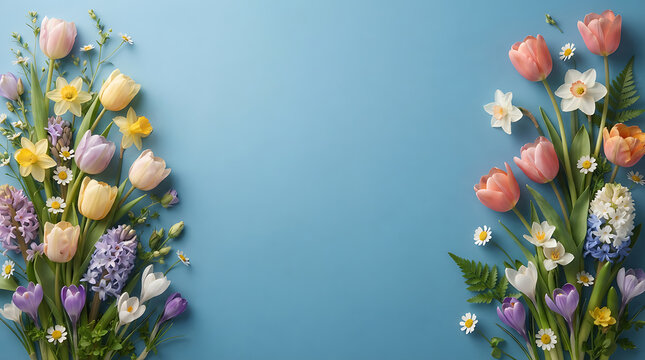 Vertical floral borders of spring flowers including pink tulips, yellow daffodils, white daisies, and purple hyacinths arranged on the left and right sides of a solid blue background, with central