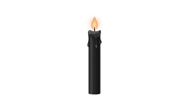 Black candle with burning flame isolated on white background