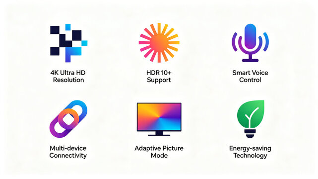 Smart TV function vector icon, representing ultra clear picture quality, voice intelligent control, energy-saving technology, suitable for TV detail pages and product promotional posters.
