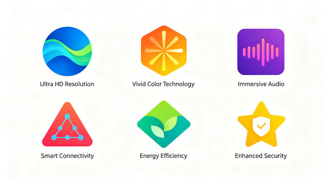 Smart display device selling point icons, ultra high definition, vivid colors, immersive audio, suitable for home appliance e-commerce pages and product introduction display boards.
