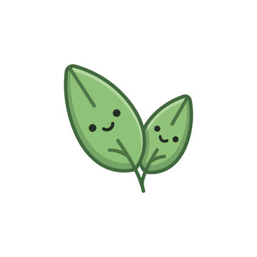 Two cute cartoon basil leaves with happy faces.