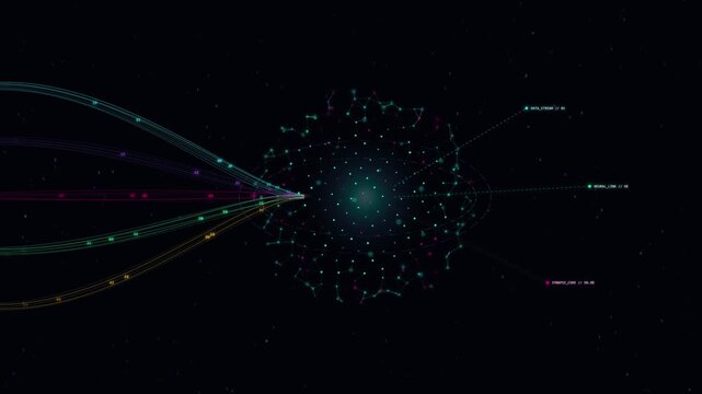 Abstract digital network connection with data streams and glowing nodes in cyberspace