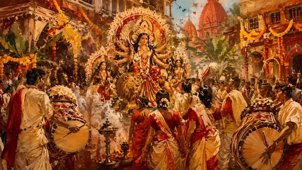 Fototapeta premium Durga Puja Festival Procession Painting, Traditional Indian Religious Celebration