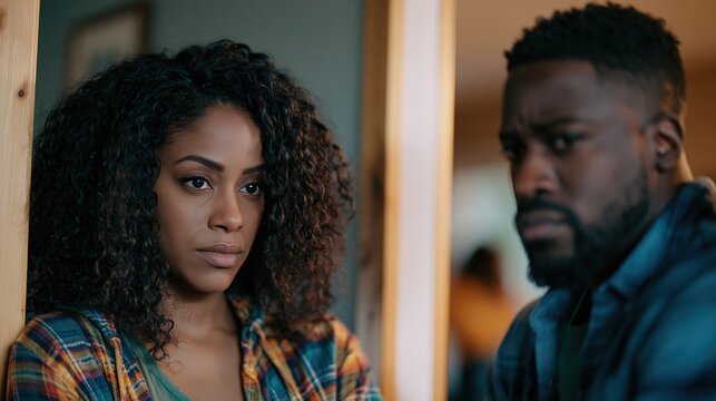 Couple standing on opposite sides of doorway highlighting emotional distance at home