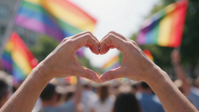 Human hands forming heart shape gesture during sunny pride parade with vibrant rainbow flags blurred in background outdoor summer daylight