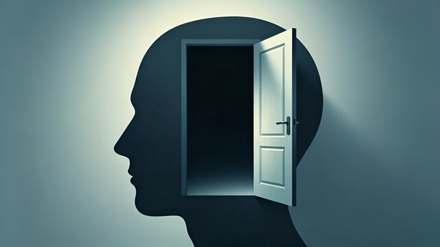 Open Door in Human Head Symbolizing New Ideas and Self Discovery