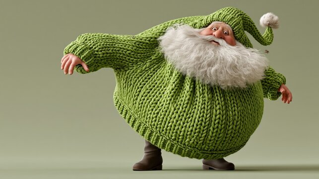 Cartoon Santa Claus character wearing a large green knitted sweater with a fluffy white beard and a playful expression against a soft green background