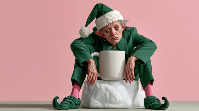 Elf character in green outfit and Santa hat sits on snow mound holding large white mug against a pink background, conveying a whimsical holiday theme
