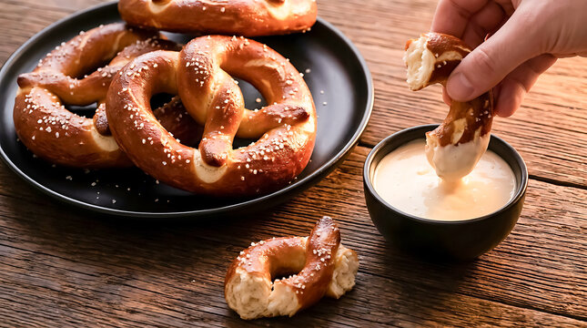 A hand dipping a piece of soft salted pretzel into a small black bowl of creamy cheese sauce next to a plate of baked pretzels on wooden table
