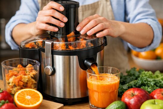 Fresh orange carrot juice being extracted with stainless steel juicer in home kitchen for healthy beverage banner or recipe background