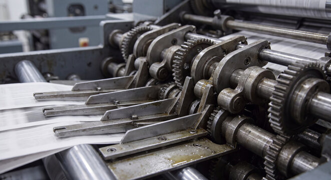 Detailed view of metal gears and folding rollers rapidly processing printed sheets of paper in an automated industrial print shop setting