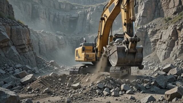Yellow Excavator Digging Rocks in Mountain Quarry Construction Site 4k
