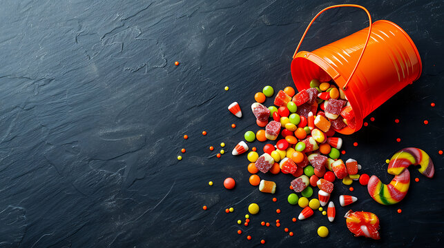 Photorealistic Top-Down Flat Lay of Spilled Halloween Candies on Dark Textured Background with Left Copy Space