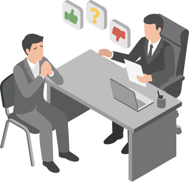 Isometric illustration of a nervous candidate during a job interview