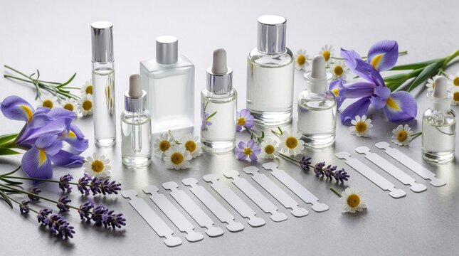 Glass bottles with clear liquid and flowers arranged on gray surface. Bottles for perfume creation, scent testing with blotter strips. Natural fragrance lab.