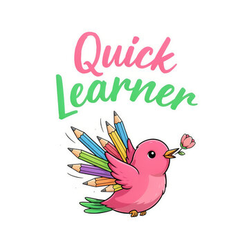 Quick Learner full body pink bird mascot with colorful pencil tail feathers illustration