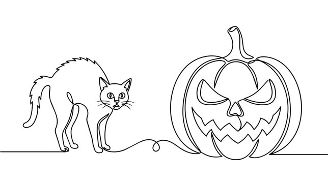 Continuous line art of frightened cat with arched back and evil halloween pumpkin vector illustration