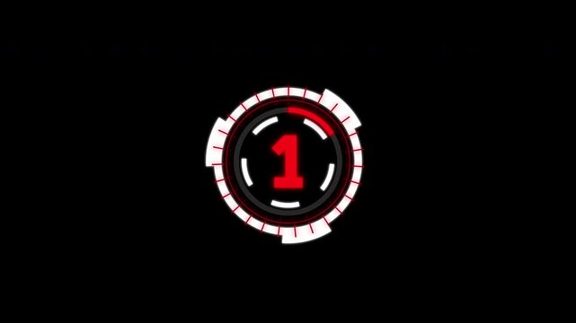 Digital circle countdown hud timer 5 seconds animation from 5 to 0 seconds on black background. 4k video