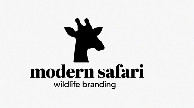 Minimalist giraffe head silhouette logo on white background. Modern safari wildlife branding design with bold serif typography. Creative animal icon for zoo, travel agency nature conservation