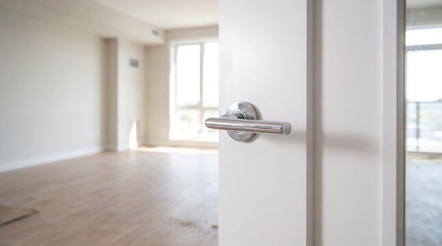 Open white modern interior door with chrome metal handle leading into bright empty room.