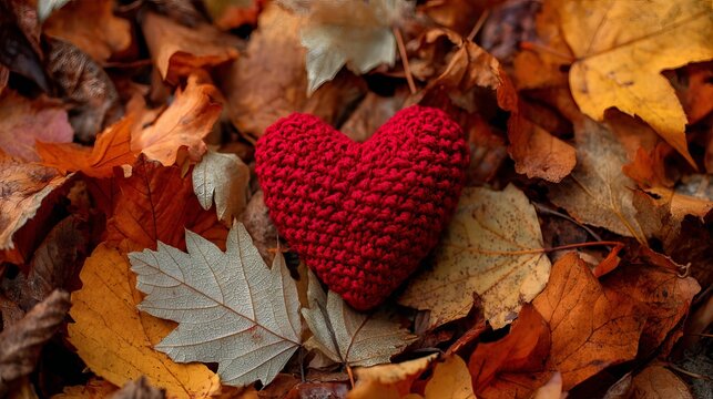 Crimson knitted heart rests amidst fallen autumn leaves, representing love, warmth, and a cozy seasonal feeling