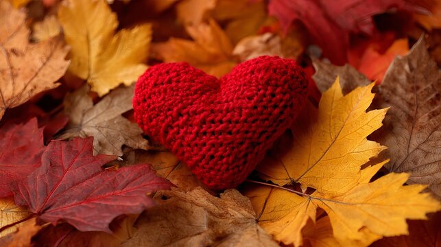 Red knitted heart nestled amongst vibrant autumn foliage, representing love and warmth throughout a seasonal transition
