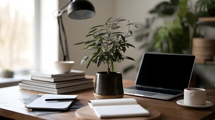 Fototapeta premium A serene wooden desk setup with a potted plant laptop coffee cup notebooks and books under soft natural light