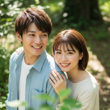 軽装で山歩きをする若い日本人男女のカップル