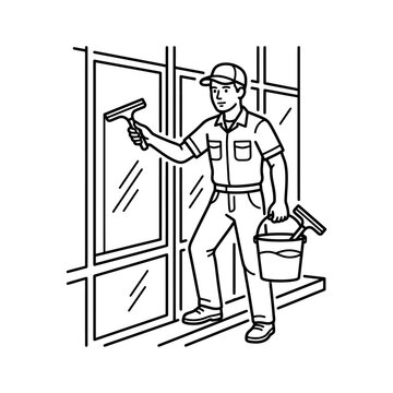 Window cleaner man washing building exterior glass with squeegee and bucket.