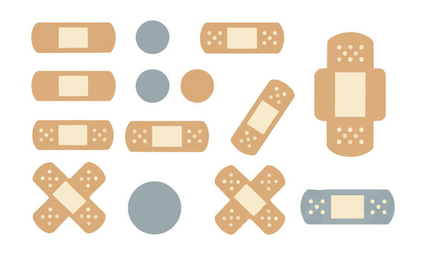Collection of various adhesive bandages in different shapes on a solid background, minimalist healthcare and first aid concept