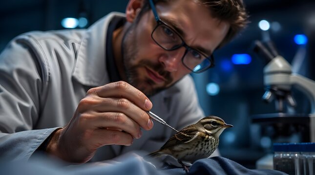 Professional Male Scientist Examining Bird with Tweezers in Modern Laboratory Setting for Biological Research