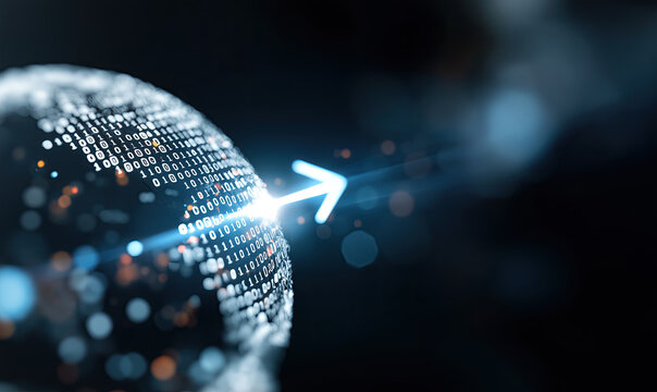 Digital globe made of binary code with glowing arrow representing global data transfer technology