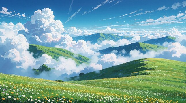 Scenic view of green highland mountains under blue sky. Large white clouds float above rolling hills, grassy plateau. Colorful spring wildflowers bloom in meadow. Beautiful landscape with bright