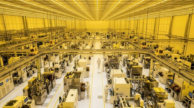 Cleanroom semiconductor manufacturing facility with workers in suits