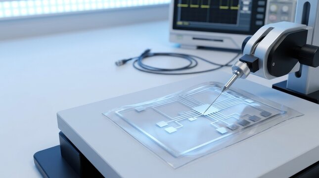 Microchip Testing Probe Station and Oscilloscope in Laboratory