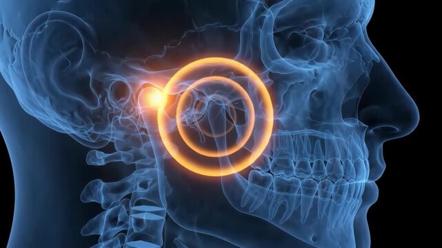 3D rendering of human head with glowing pain in the temporomandibular joint, representing TMJ disorder or earache.