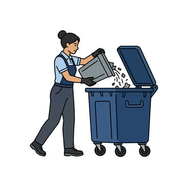 Woman throwing trash into a large blue dumpster.